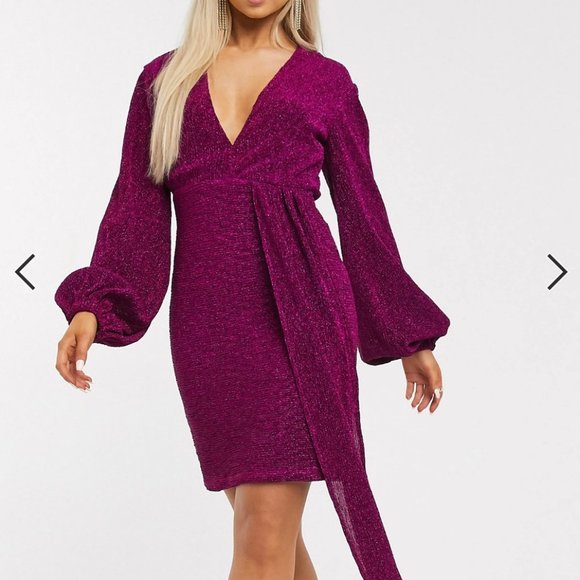 Club London Glitter Plunge Neck Drape Mini Dress Metallic Purple ASOS Bodycon - Picture 5 of 14